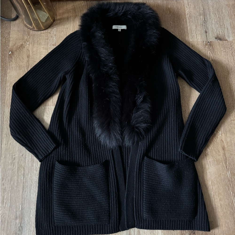 Milly Black Wool Cardigan with Real Fox Fur Trim Size P